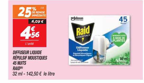 diffuseur liquide répulsif moustiques 45 nuits raid
