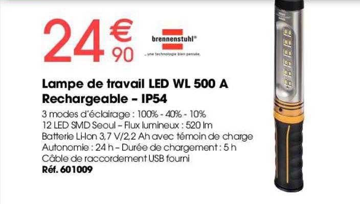 Lampe De Travail Led Wl 500 A Rechargeable - Ip54 Brennenstuhl