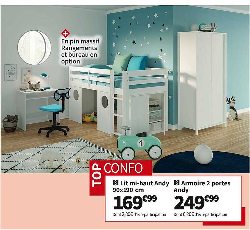 lit mi-haut andy 90 x 190 cm, armoire 2 portes andy