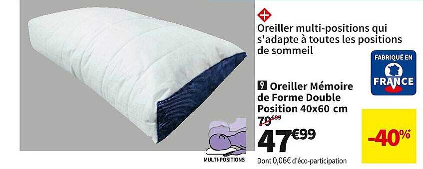oreiller mémoire de forme double position 40 x 60 cm