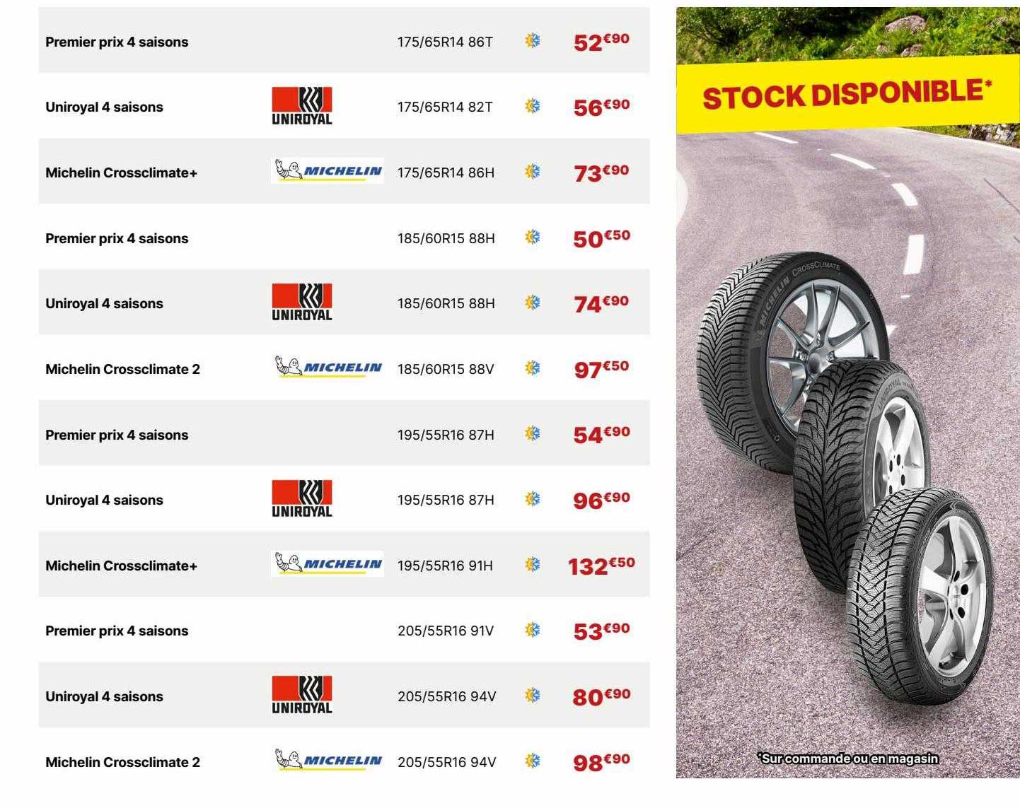 premier prix 4 saisons, uniroyal 4 saisons, michelin crossclimate+, michelin crossclimate 2