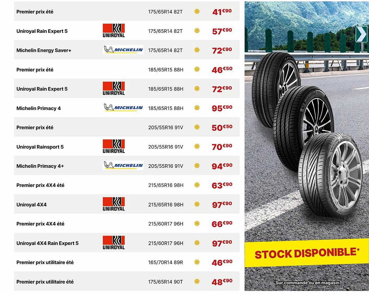 premier prix été, uniroyal rain expert 5, michelin energy saver+, uniroyal rainsport 5, michelin primacy 4+, premier prix 4x4 été, uniroyal 4x4, uniroyal 4x4 rain expert 5