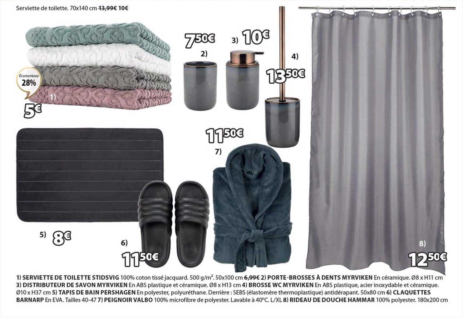 serviette de toilette stidsvig, porte-brosses à dents myrviken, distributeur de savon myrviken, brosse wc myrviken, tapis de bain pershagen, claquettes barnarp, peignoir valbo, rideau de douche hammar