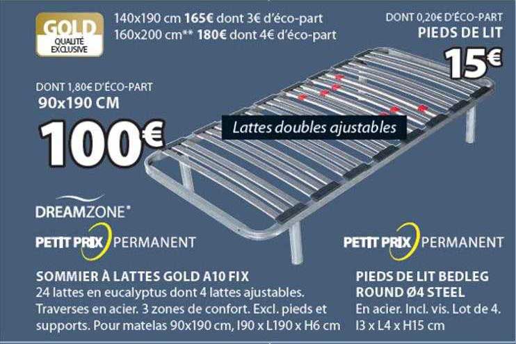 Sommier à Lattes Gold A10 Fix, Pieds De Lit Bedleg Round ø4 Steel