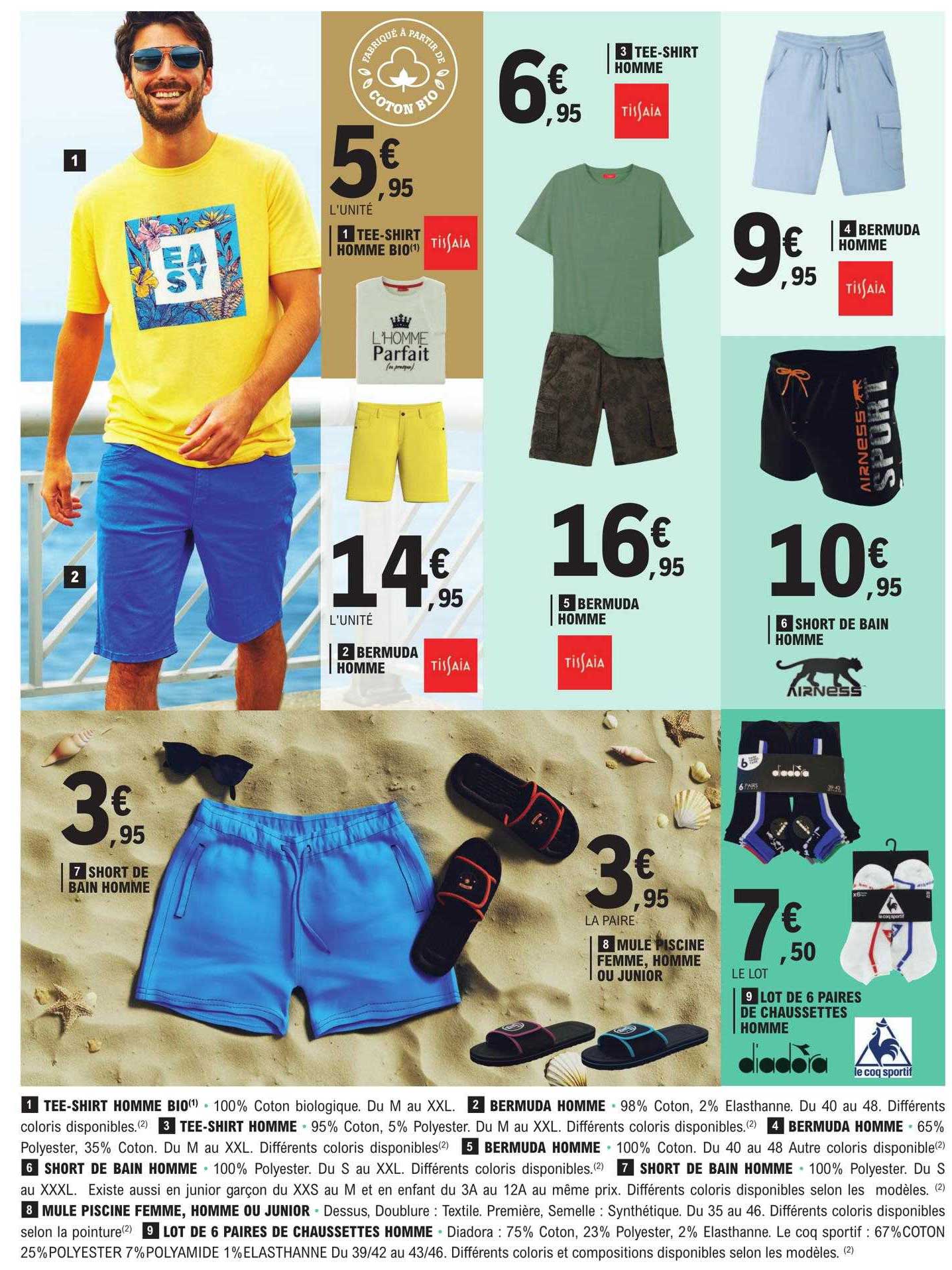 tee-shirt homme bio, bermuda homme, tee-shirt homme tissaia, short de bain homme airness, short de bain homme, mule piscine femme, homme ou junior, lot de 6 paires de chaussettes homme le coq sportif