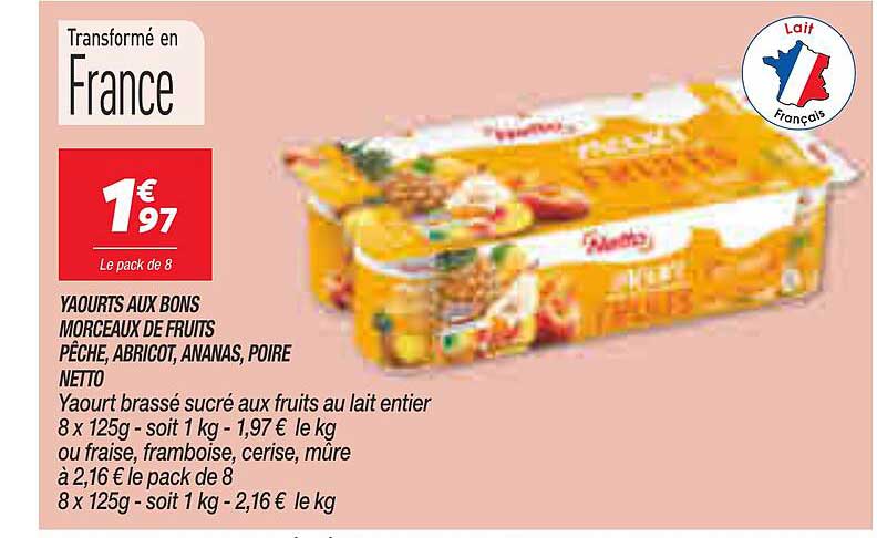 yaourts aux bons morceaux de fruits pêche, abricot, ananas, poire netto