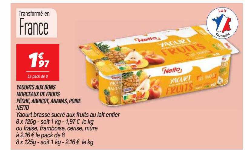 yaourts aux bons morceaux de fruits pêche, abricot, ananas, poire netto