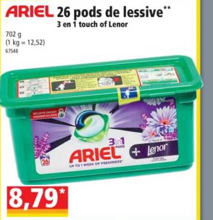 26 pods de lessive 3 en 1 touch of leno ariel
