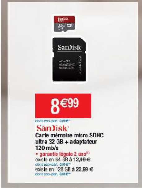 carte mémoire micro sdhc ultra 32 gb + adaptateur 120 mb-s sandisk