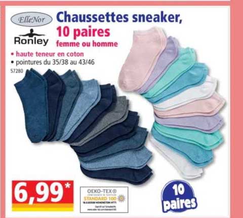 chaussettes sneaker, 10 paires femme ou homme ellenor, ronley