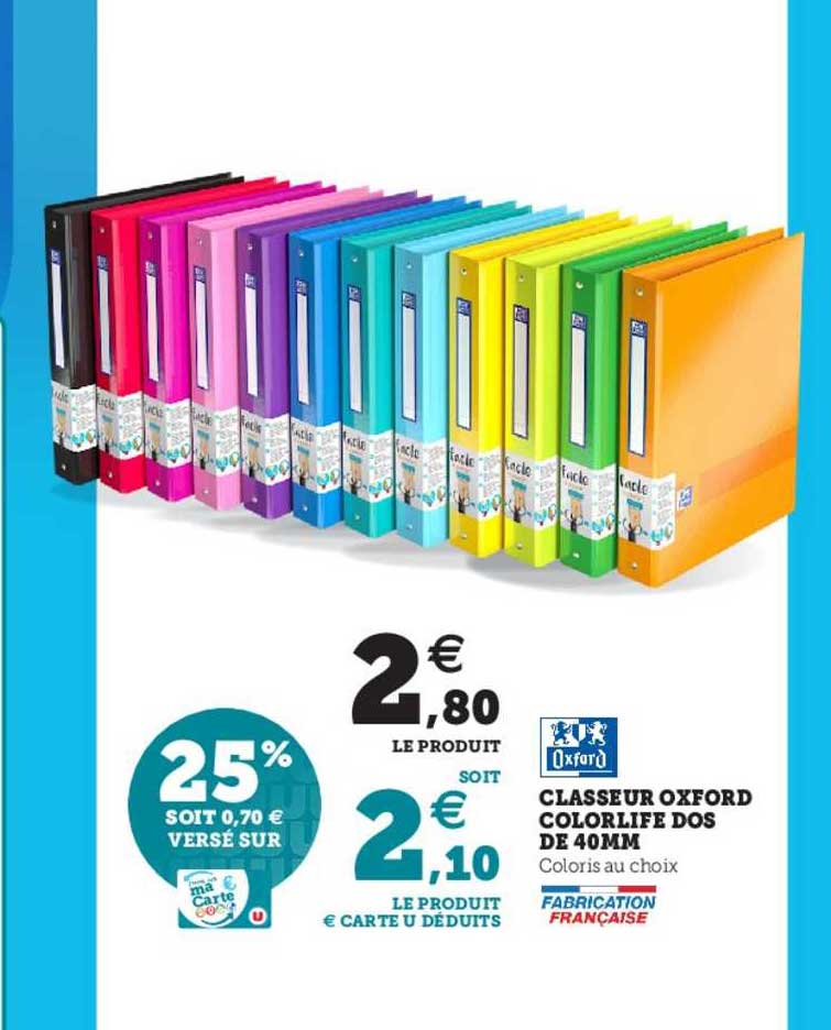classeur oxford colorlife dos de 40mm