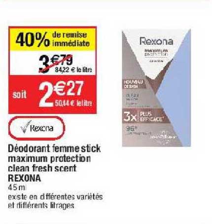 déodorant femme stick maximum protection clean fresh scent rexona