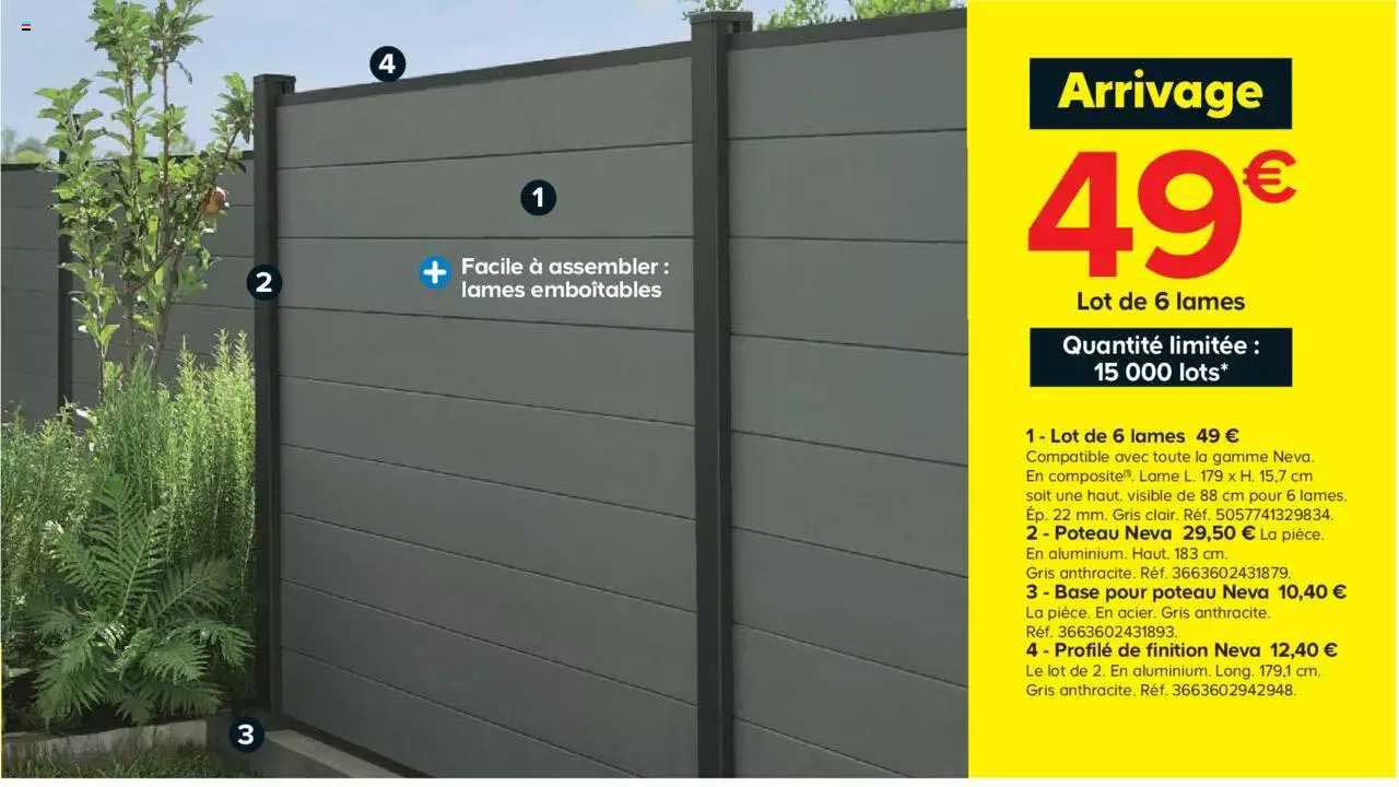 lot de 6 lames, poteau neva, base pour poteau neva, profilé de finition neva