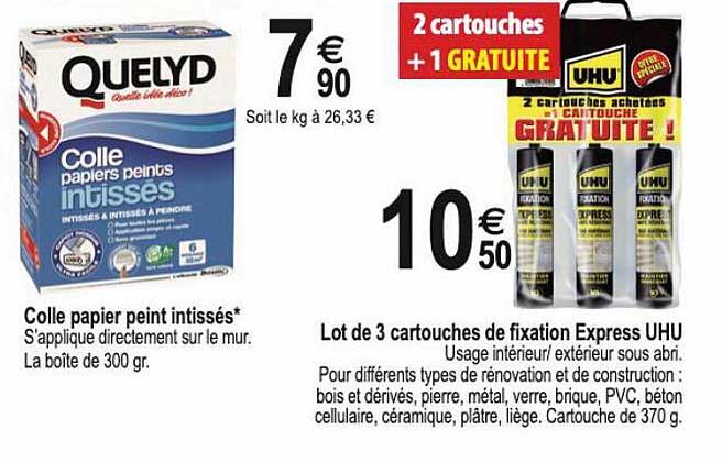 colle papier peint intissés quelys, lot de 3 cartouches de fixation express uhu