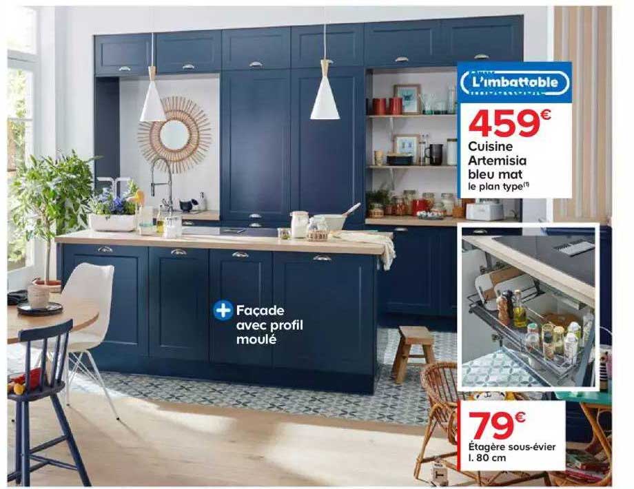 cuisine artemisia bleu mat l'imbattable,  étagère sous-évier l. 80 cm l'imbattable