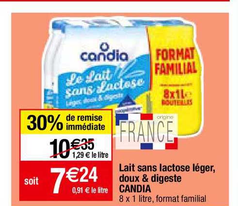 lait sans lactose léger, doux & digeste candia