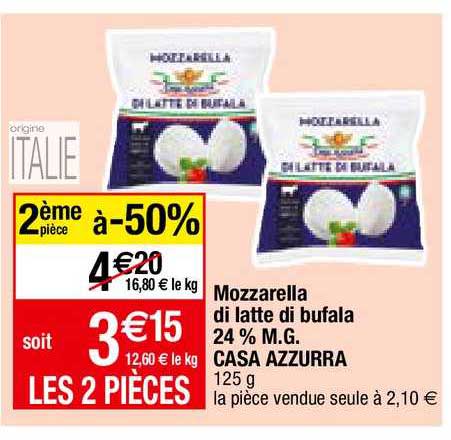 mozzarella di latte di bufala 24% m.g. casa azzurra