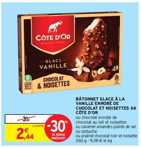 bâtonnet glacé à la vanille enrobé de chocolat et noisettes x4 côte d'or