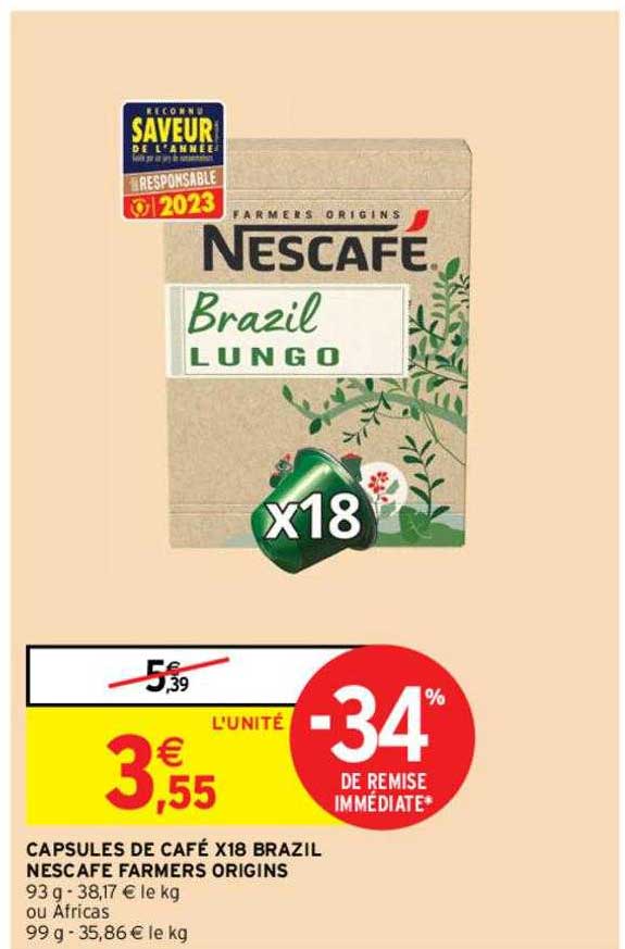capsules de café x18 brazil nescafé farmers origins
