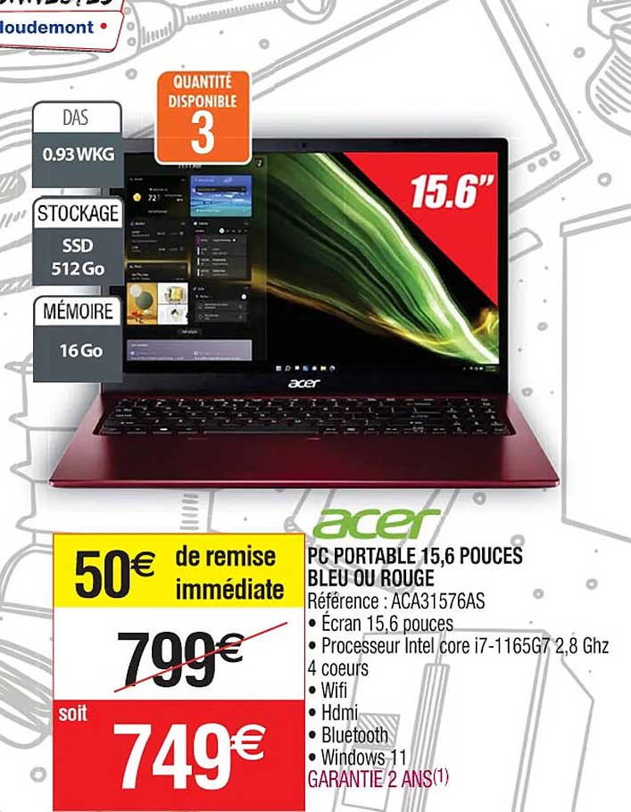 pc portable 15,6 pouces bleu ou rouge acer