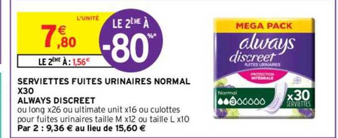 serviettes fuites urinaires normal x30 always discreet