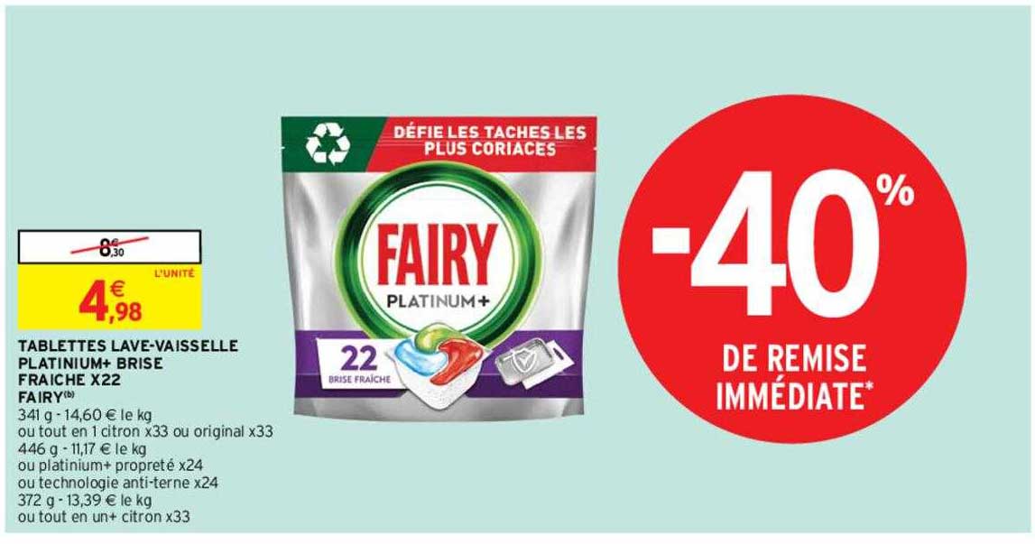 tablettes lave-vaisselle platinium+ brise fraiche x22 fairy