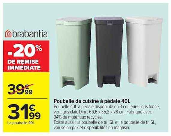 Brabantia Poubelle de cuisine à pédale 40L