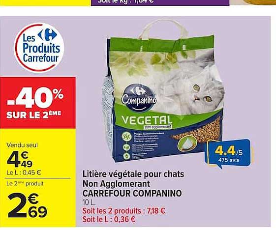 CARREFOUR COMPANINO Litière végétale pour chats