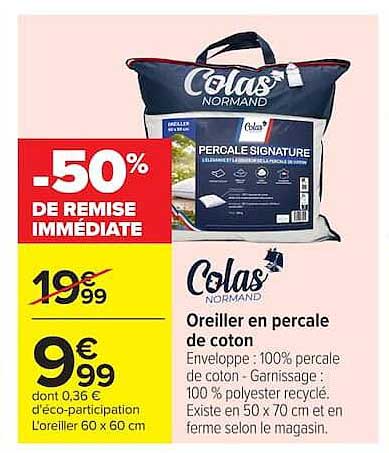 Colas Normand Oreiller en percale de coton