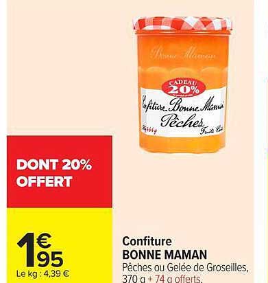 Confiture BONNE MAMAN Pêches ou Gelée de Groseilles, 370 g + 74 g offerts