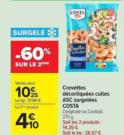 COSTA Crevettes décortiquées cuites ASC surgelées