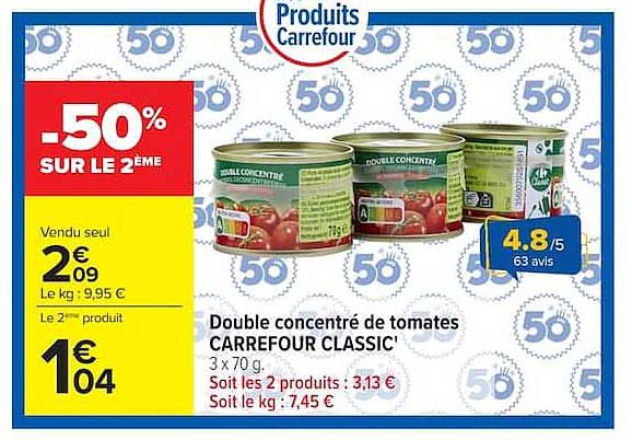 Double concentré de tomates CARREFOUR CLASSIC