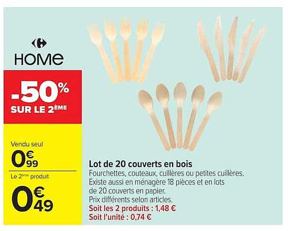 HOME Lot de 20 couverts en bois