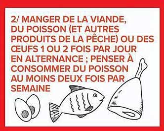 MANGER DE LA VIANDE, DU POISSON (ET AUTRES PRODUITS DE LA PÊCHE) OU DES OEUFS 1 OU 2 FOIS PAR JOUR EN ALTERNANCE ; PENSER À CONSOMMER DU POISSON AU MOINS DEUX FOIS PAR SEMAINE