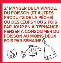MANGER DE LA VIANDE, DU POISSON ET AUTRES PRODUITS DE LA PÊCHE OU DES ŒUFS 1OU 2 FOIS PAR JOUR EN ALTERNANCE ; PENSER À CONSOMMER DU POISSON AU MOINS DEUX FOIS PAR SEMAINE