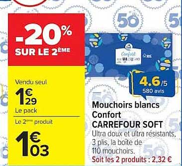 Mouchoirs blancs Confort CARREFOUR SOFT