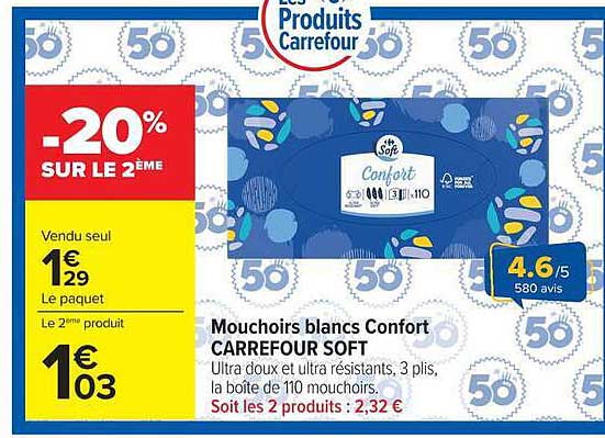 Mouchoirs blancs Confort CARREFOUR SOFT