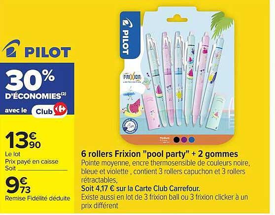 Pilot 6 rollers FriXion "pool party" + 2 gommes