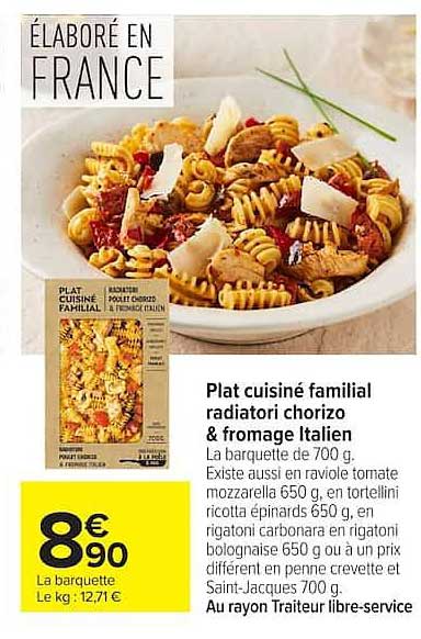 Plat cuisiné familial radiatori chorizo & fromage Italien