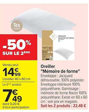 Tex Home Oreiller "Mémoire de forme