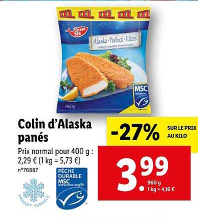 colin d'alaska panés -27% sur le prix au kilo