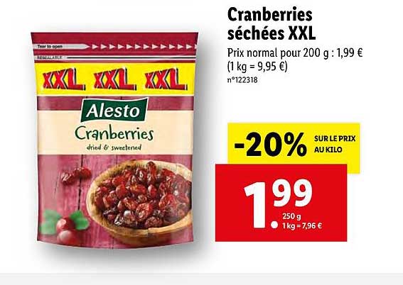 cranberries séchées xxl alesto -20% sur le prix au kilo