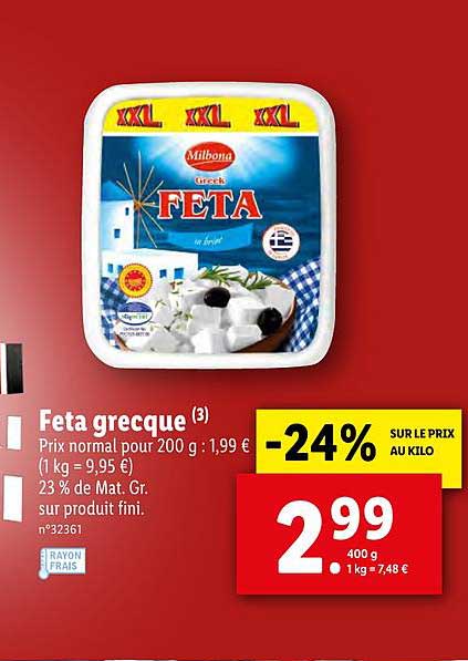 feta grecque milbona -24% sur le prix au kilo