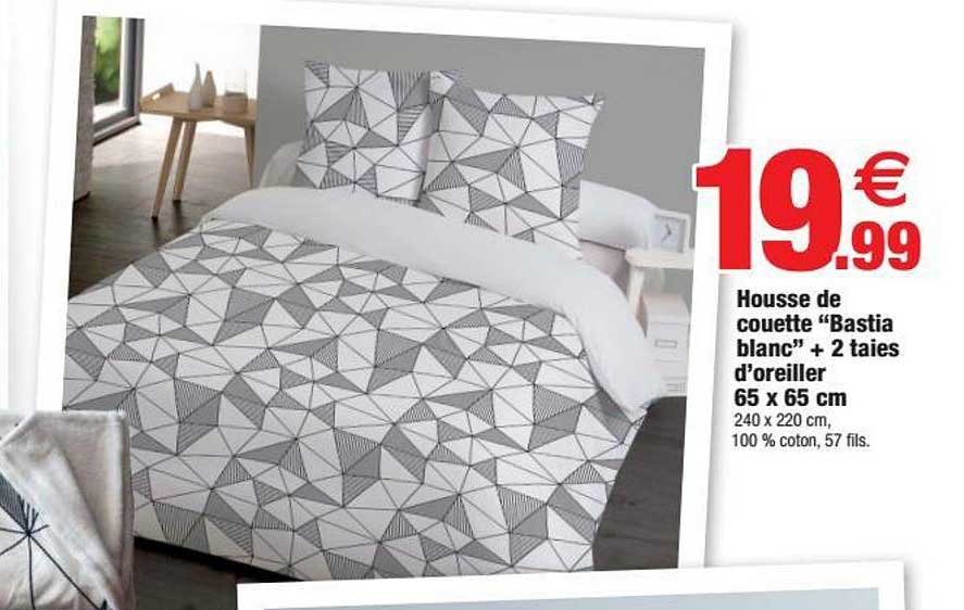 housse de couette bastia blanc + 2 taies d'oreiller 65 x 65 cm