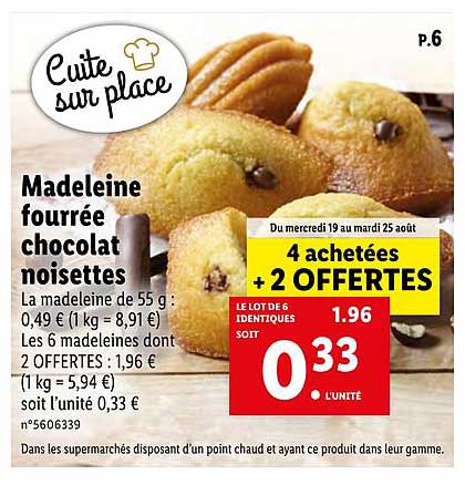 madeleine fourrée chocolat noisettes 4 achetées + 2 offertes