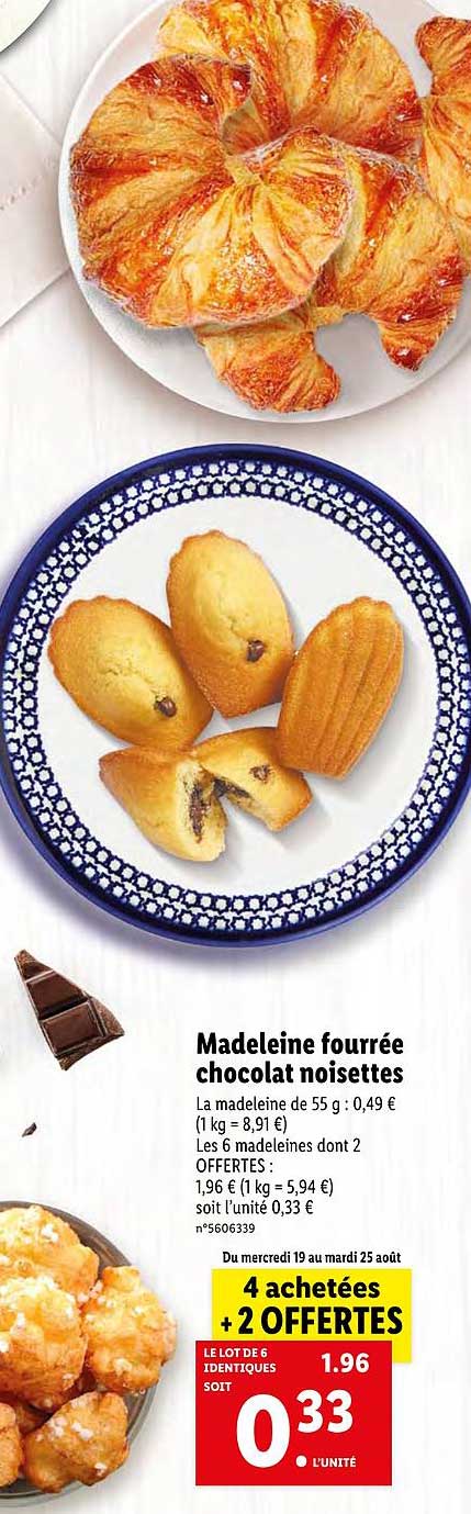 madeleine fourrée chocolat noisettes 4 achetés + 2 offertes