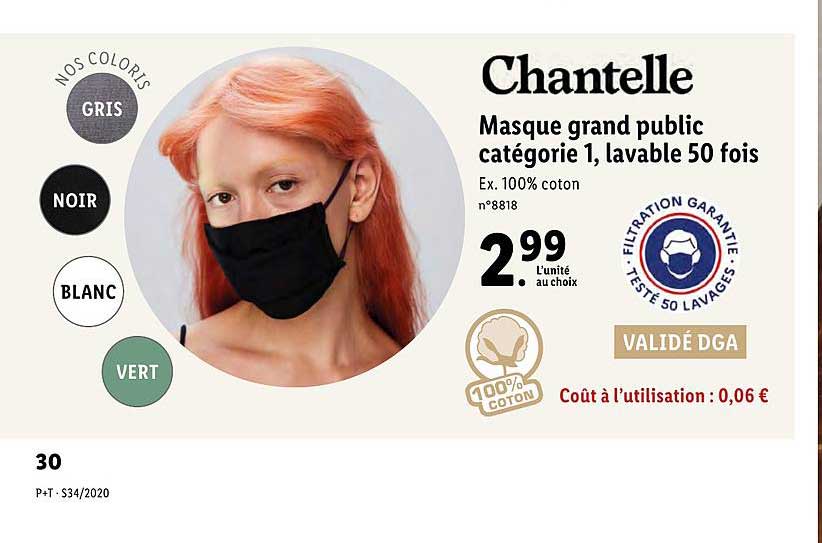 Masque Grand Public Catégorie 1 Lavable 50 Fois Chantelle
