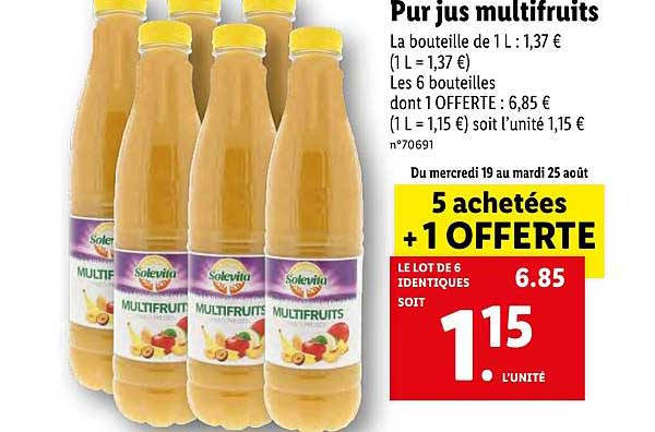 pur jus multifruits solevita 5 achetées + 1 offerte