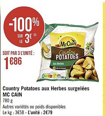 country potatoes aux herbes surgelées mc cain