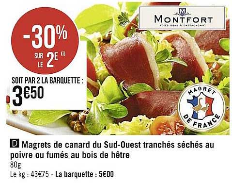 magrets de canard du sud-ouest tranchés séchés au poivre ou fumés au bois de hêtre